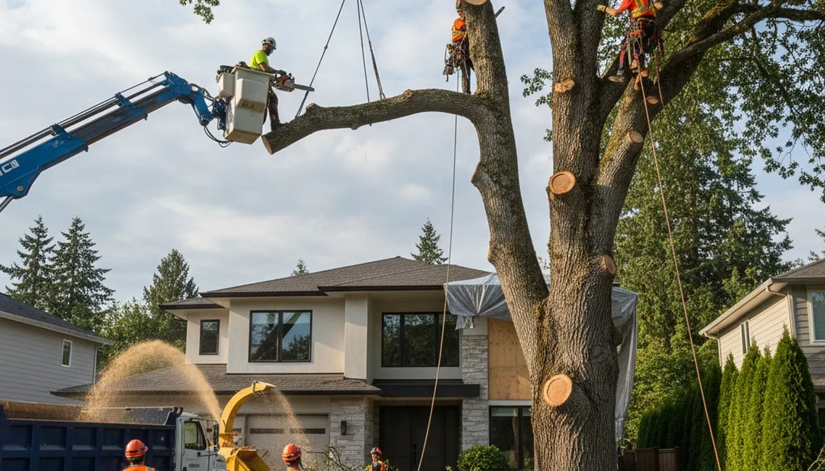 Professional arborists performing safe tree removal with crane at a Bellevue WA residential property