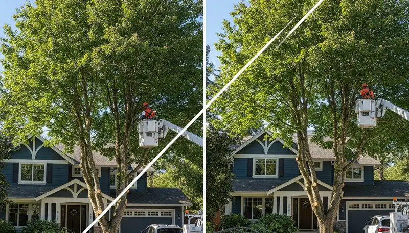 Arborist lifting tree canopy for driveway clearance during professional tree trimming in Bellevue WA