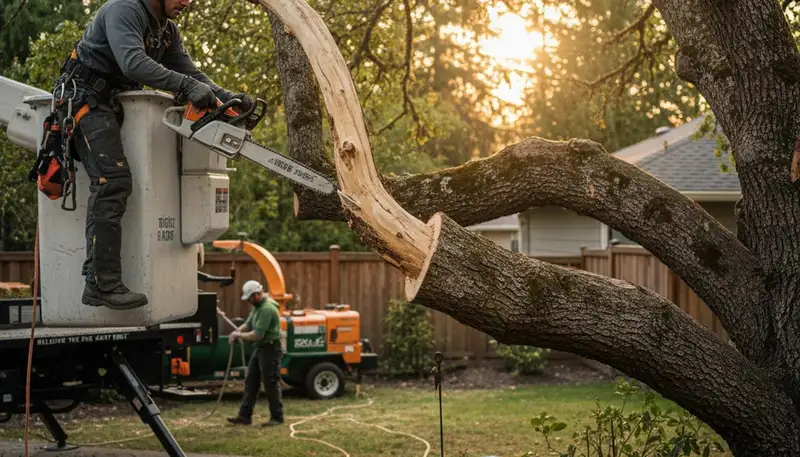 Arborist removing dead branches from mature tree during deadwood removal in Bellevue, WA