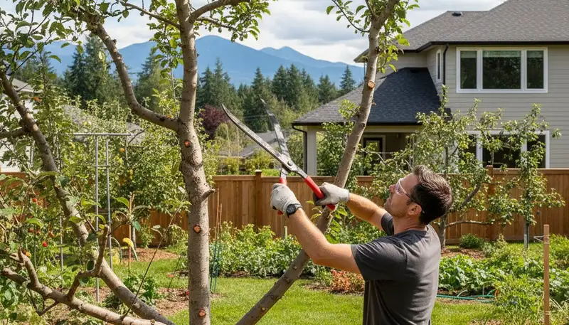 Arborist pruning fruit tree for better harvest in Bellevue WA backyard orchard