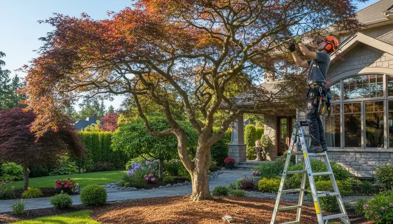 Arborist hand pruning ornamental Japanese maple for tree shaping in Bellevue, WA landscape