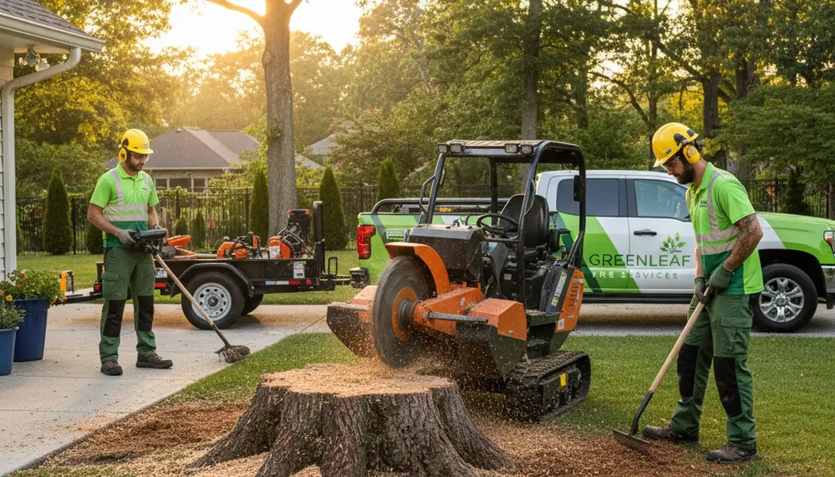 Arborist performing stump removal with grinder in a Bellevue WA yard for Chop Chop Tree