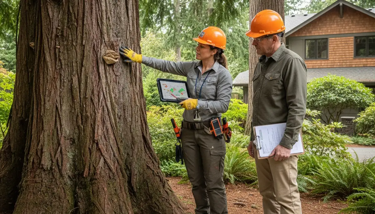 Certified arborist performing tree health assessment for homeowners in Mercer Island, WA