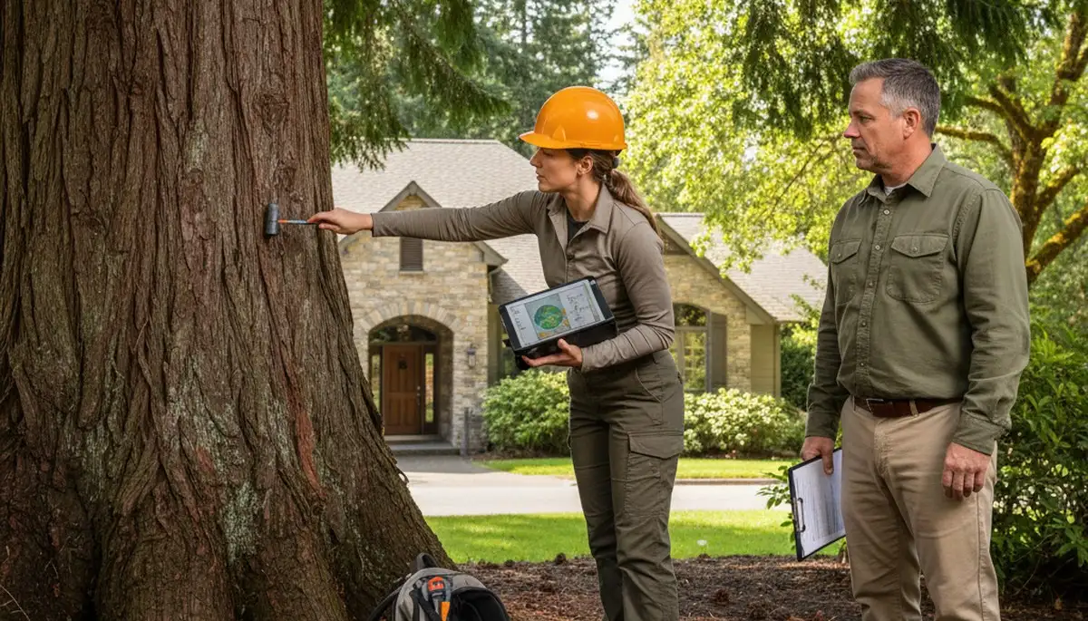 Certified arborist performing tree health assessment for homeowners in Bellevue, WA