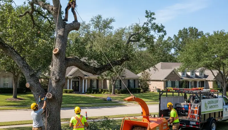 Professional tree removal team trimming tall maple tree in Bellevue, WA yard