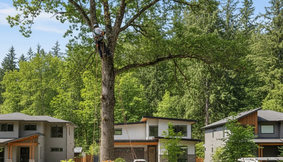 Professional tree removal service in Bellevue, WA safely cutting and clearing large backyard trees