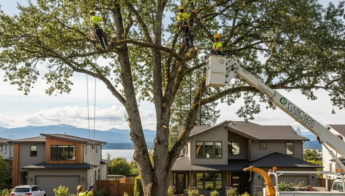 Professional tree removal service in Bellevue WA safely cutting down large residential trees
