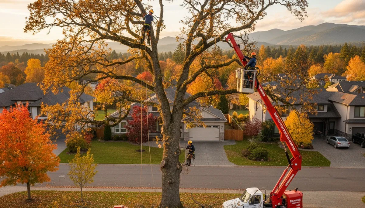 Professional tree removal crew working in Bellevue WA yard for treetrimmingbellevuewa.com