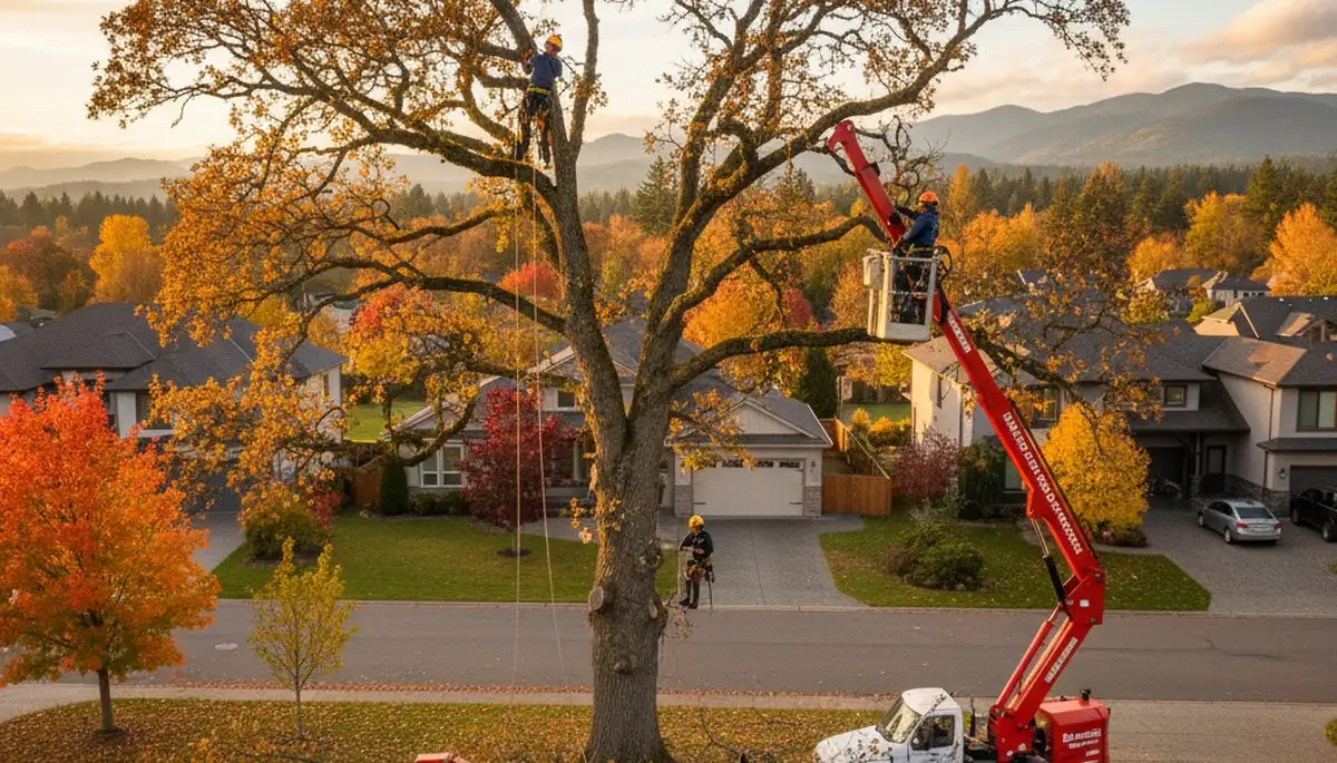 Professional tree removal crew working in Bellevue WA yard for treetrimmingbellevuewa.com
