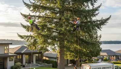 Professional tree removal service crew working safely in Bellevue, WA backyard
