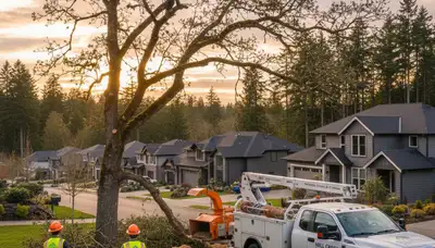 Professional tree removal service in Bellevue WA safely cutting and clearing large oak tree