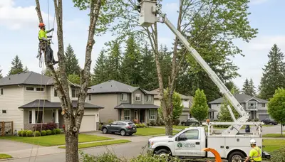 Professional tree removal service in Bellevue WA safely cutting and clearing large backyard trees