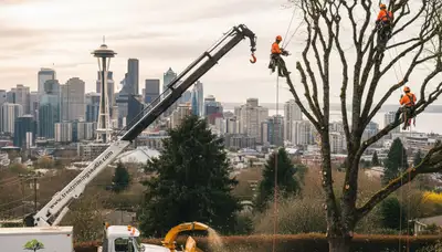 Professional tree removal service in Bellevue WA safely cutting and clearing large backyard trees